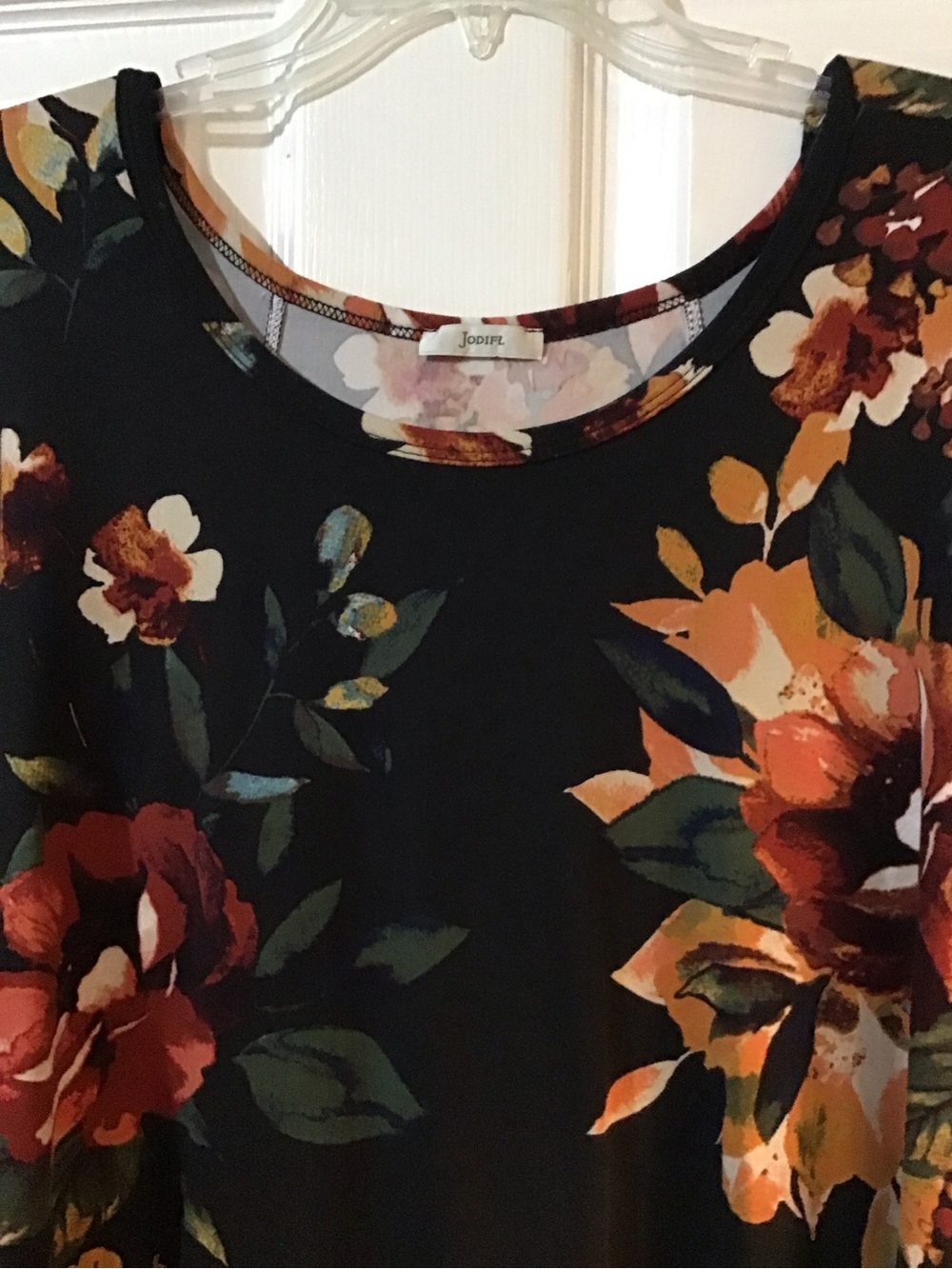JODIFL Black Floral Long Sleeve Swing Dress with Burgundy and Mustard Flowers - Picture 4 of 4